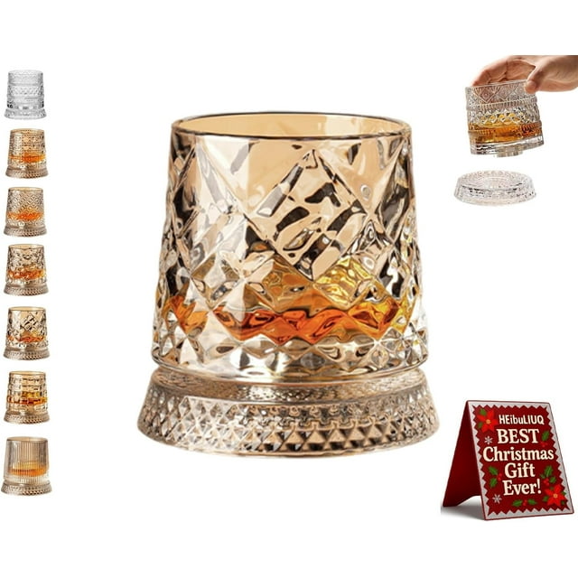 360 Degree Rotating Whiskey Glass, Spinning Cocktail Glass with Stable Decoupled Base, Old Fashioned Crystal Cut Drinking Glassware, Stress Relief Function, Unique Whiskey Gift for Husband Father