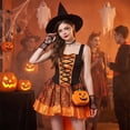 thumbnail image 6 of Witch Outfit, Witch Roleplay, Witch Cos, Witch Cosplay, Witch Costume, Women Halloween Witch Cosplay Costume High-Low Hem Ruffle Dress + Hat + Wristbands Dress Up Outfits, Orange XL, 6 of 7