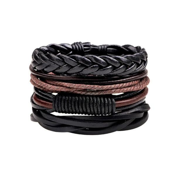 4 Unids/set Pulseras Cuero Trenzado Hombres Vintage Pulseras Cuerda Multicapa