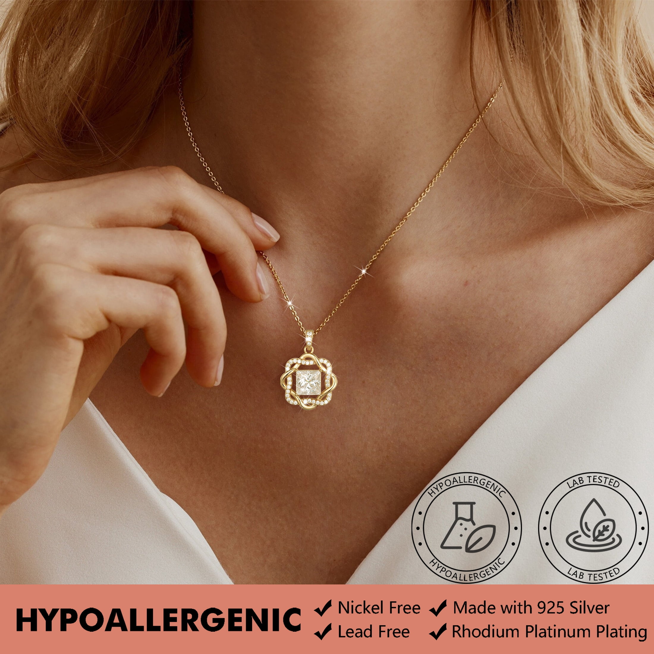 Beautlace Moissanite Necklace for Women,2 Carat D VVS1 Square Cut, 14K Gold Plated 925 Sterling Silver Starflower Pendant Jewelry Gift for Birthday Christmas Anniversary Wedding