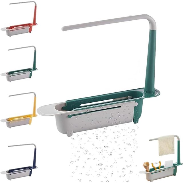 Onwddarefy Sink Storage Rack, Adjustable Sponge Holder for Kitchen, Updated Telescopic Sink Storage Rack, Household Drying Rack with Drain Filter, Multipurpose Kitchen Sink Accessories (Green)