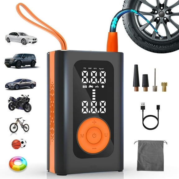 150 PSI Portable Tire Inflator, Cordless Air Compressor for Car, Bike & Motorcycle Tires with Pressure Gauge, Fast Inflation Air Pump (Orange, Small)