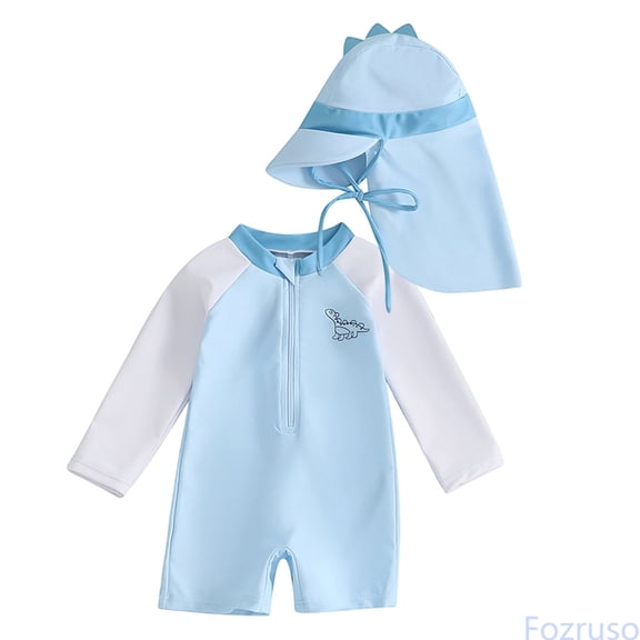 Fozruso Boys Swimwear Long Sleeve Dinosaur Rash Guard With Hood Sun UPF 50 Swimsuit For Baby Toddler Kids Beach Pool Swimming Two-Piece Swimwear Sizes 12-18 Months