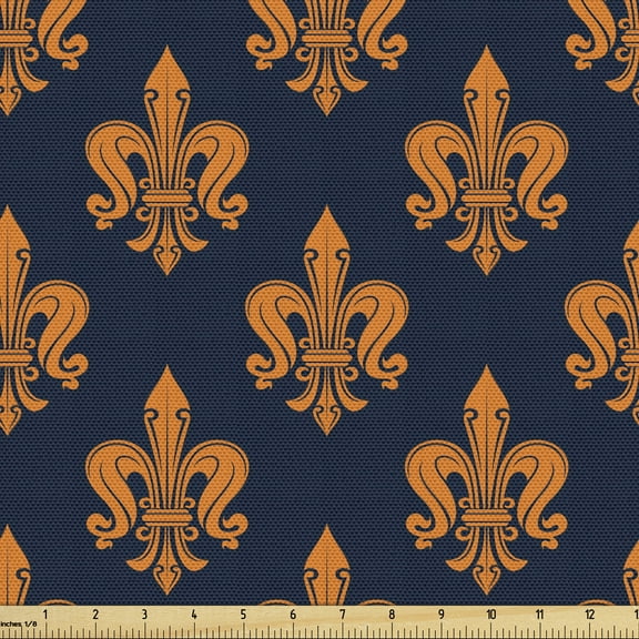 Ambesonne Fleur De Lis Fabric by the Yard Upholstery, Victorian Gothic, 2 Yards, Dark Blue Orange