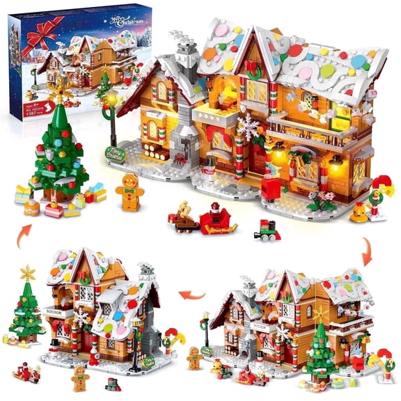 TERRAMUS Winter Holiday Village House Building Set with LED Light, 1397 Piece Seasonal Cottage Construction Model, Festive Building Blocks Toys r for Kids Ages 6