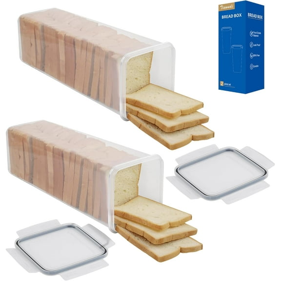 2 Pack Plastic Bread Storage Container, Airtight Bread Box for Kitchen Counter, Tall Bread Keeper with Locking Lid, Sandwich Loaf Baguette Holder, 5.6 Qt Capacity, Clear