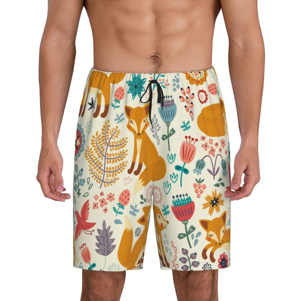 Fotbe Whimsical Fox Floral Garden Pantalones Cortos de Pijama para Hombre, Ropa de Dormir, Pantalones de Pijama Cortos para Hombre-3X-Large