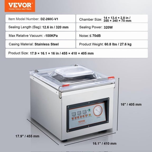 VEVOR Chamber Vacuum Sealer DZ-260C Kitchen Food Chamber Vacuum Sealer, 110V Packaging Machine Sealer for Food Saver, Home, Commercial Using