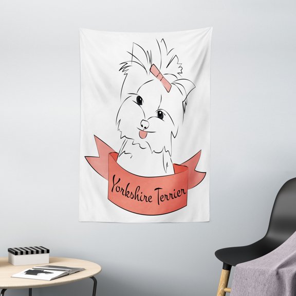 Yorkie Tapestry, Cute Puppy with Hair Buckle Yorkie Terrier Animal Ribbon Cartoon Character Print, Wall Hanging for Bedroom Living Room Dorm Decor, 40W X 60L Inches, Pink White, by Ambesonne
