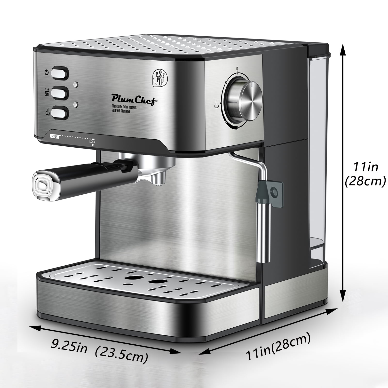 20Bar espresso machine high pressure extraction + visual pressure gauge supports ESE capsule/powder dual purpose with steam milk foam + cup preheating function size 11.02×9.21×12.28 inches