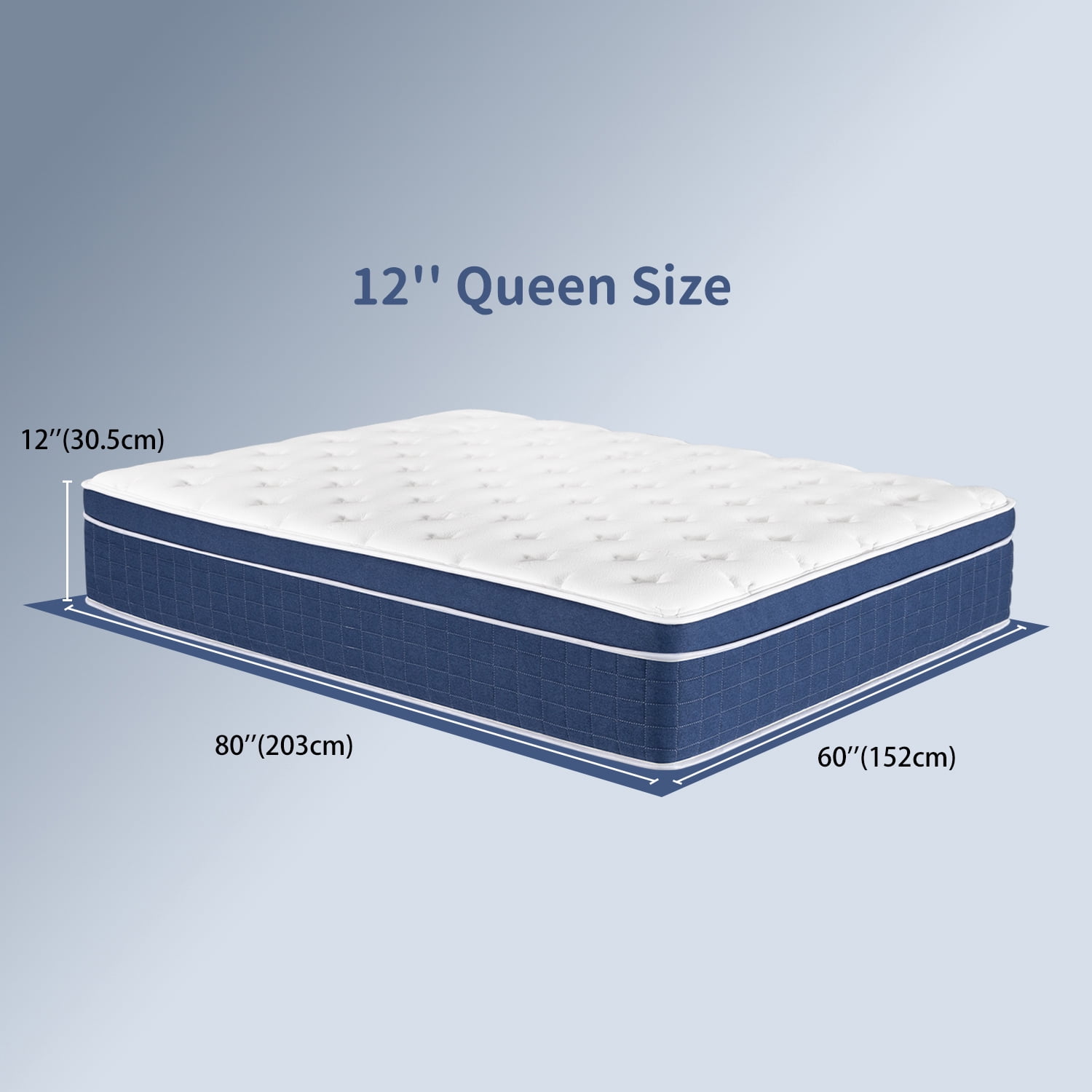 GVN Bed Pad, Mattresses, Queen Size Mattress, 12 Inch Memory Foam Hybrid Mattress with Pocketed Springs, Medium Firm Support, Blue