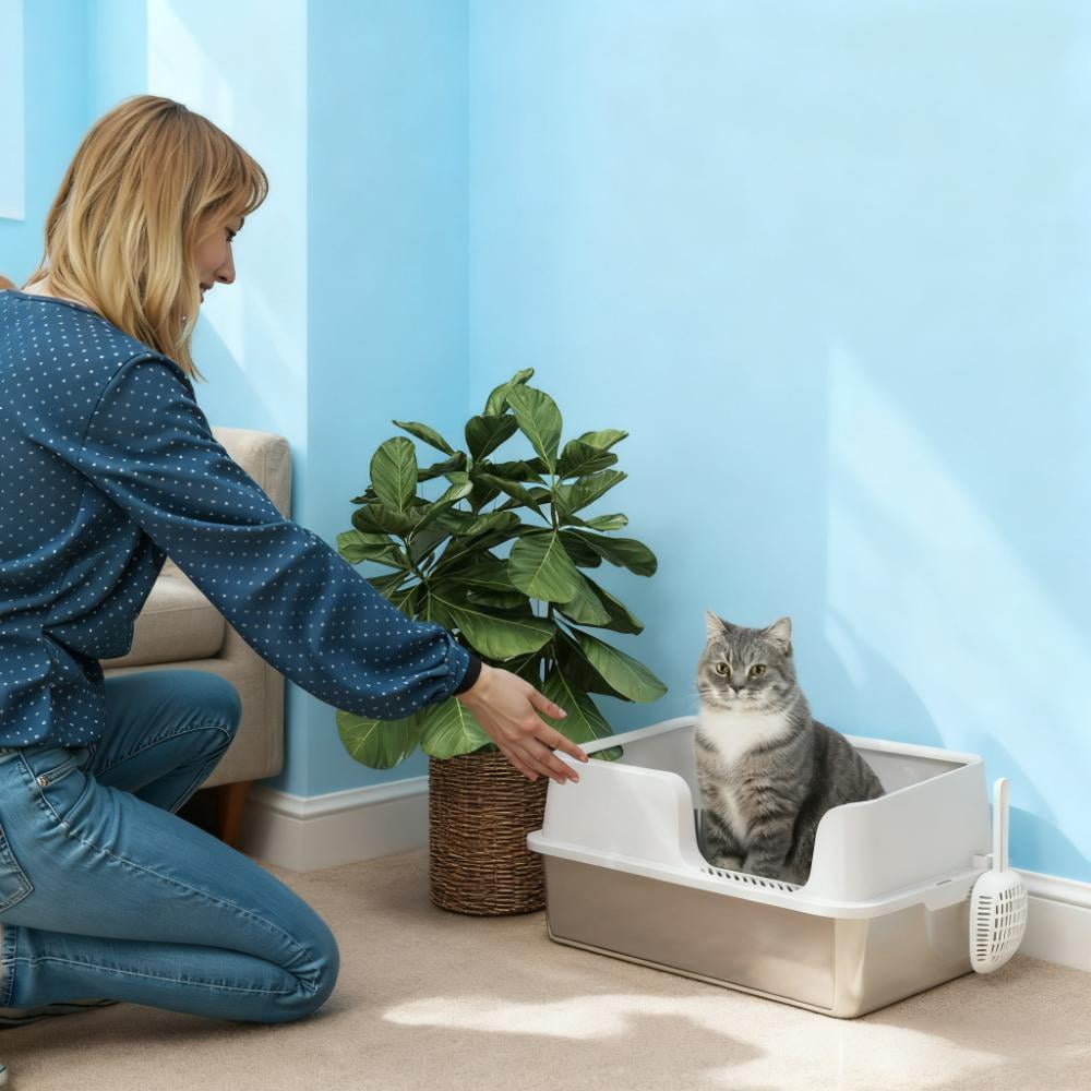 Stainless Steel High Sided Cat Litter Box for Large Cats, Odor Resistant Easy Clean Metal Litter Pan with Raised Edges