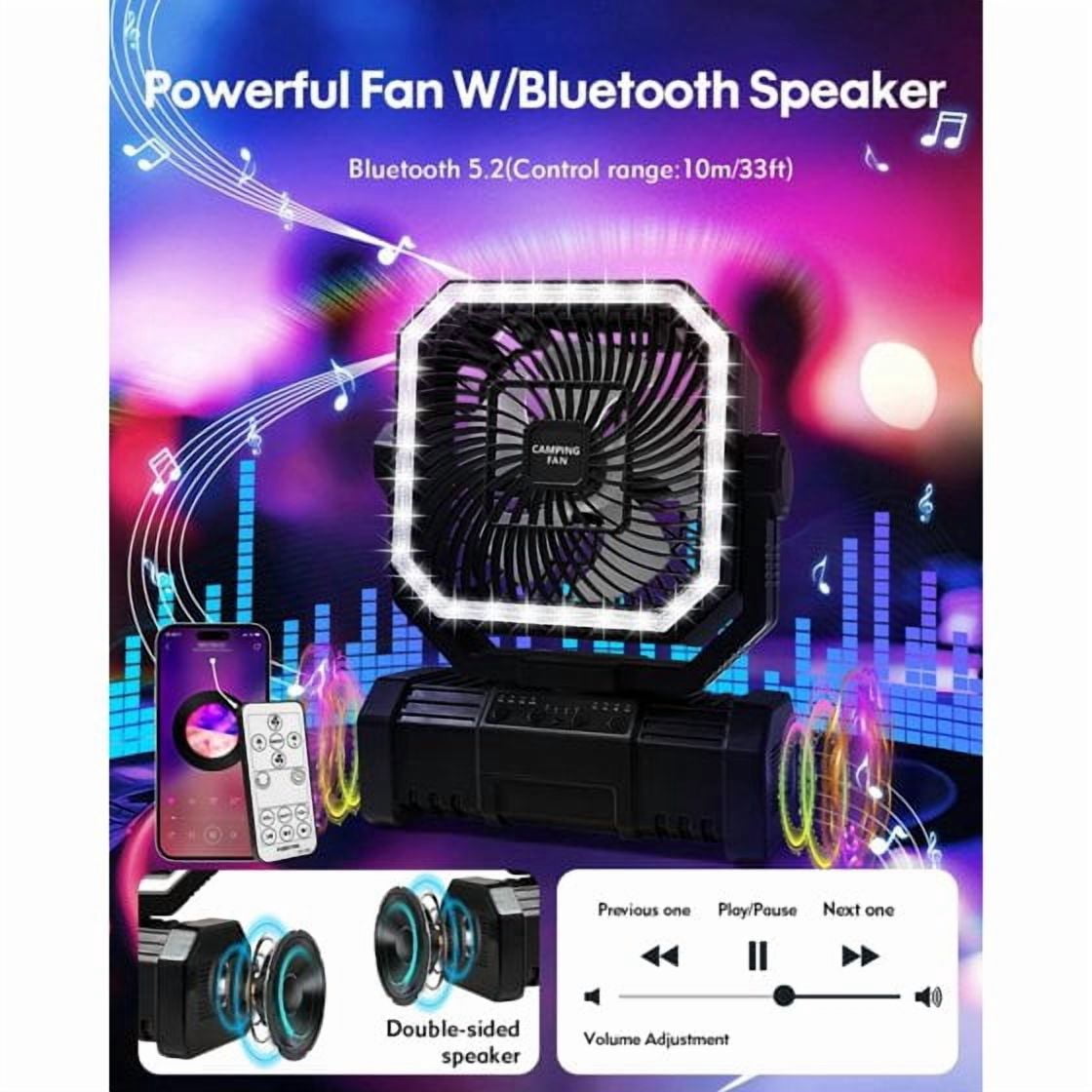 SuperRGB Portable Camping Fan, 20000mAh Rechargeable Battery Operated Fan with Bluetooth Speaker, LED Light & Remote, 4 Speeds, Timer & Hook for Tent, Outdoor, Travel, Black