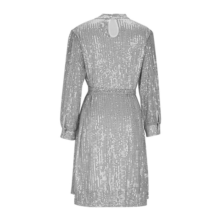 Oplxuo Women Glitter Sequin Dress Loose Mock Neck Long Sleeve Evening Dress  Fashion Waist Tie Cocktail Party Club Dresses - Walmart.com