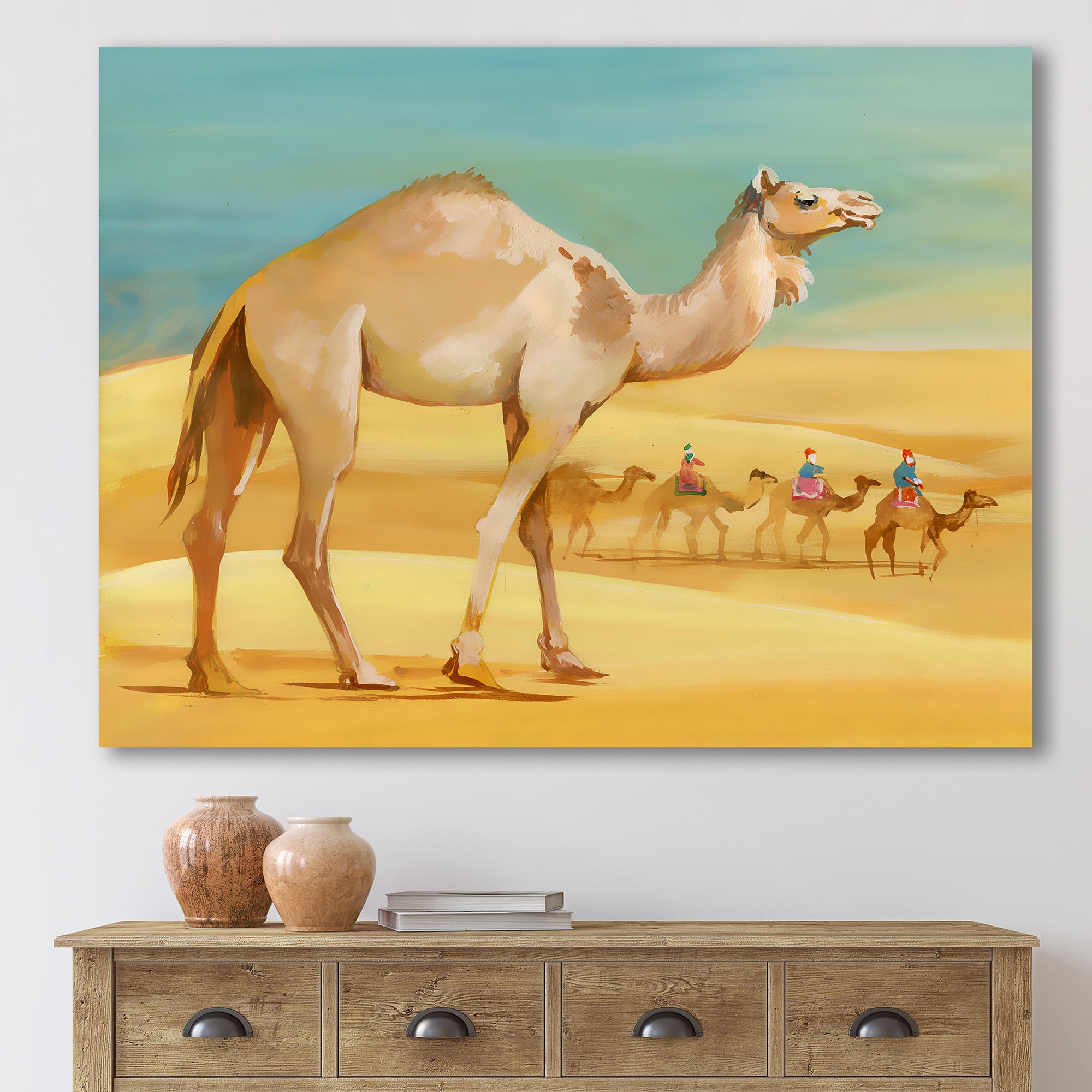 Camels In Wild Desert I 8 in x 12 in Painting Canvas Art Print, by Designart