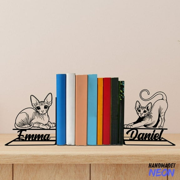 Handmadetneonsign Sphynx Cat Metal Bookends, Sphynx Cat Name Bookend, Cat Table Bookshelf Decor 045048