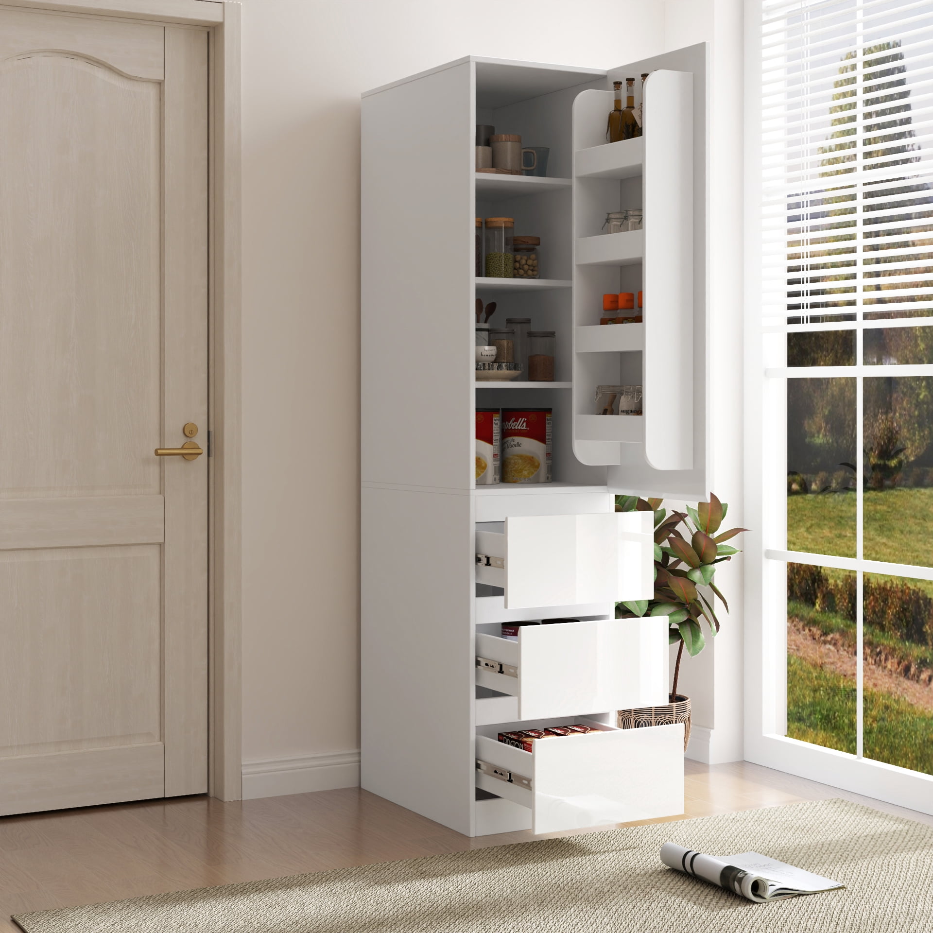 Kitchen Pantry Storage Cabinet Food Pantry Cabinet with Doors Shelves Drawers, White
