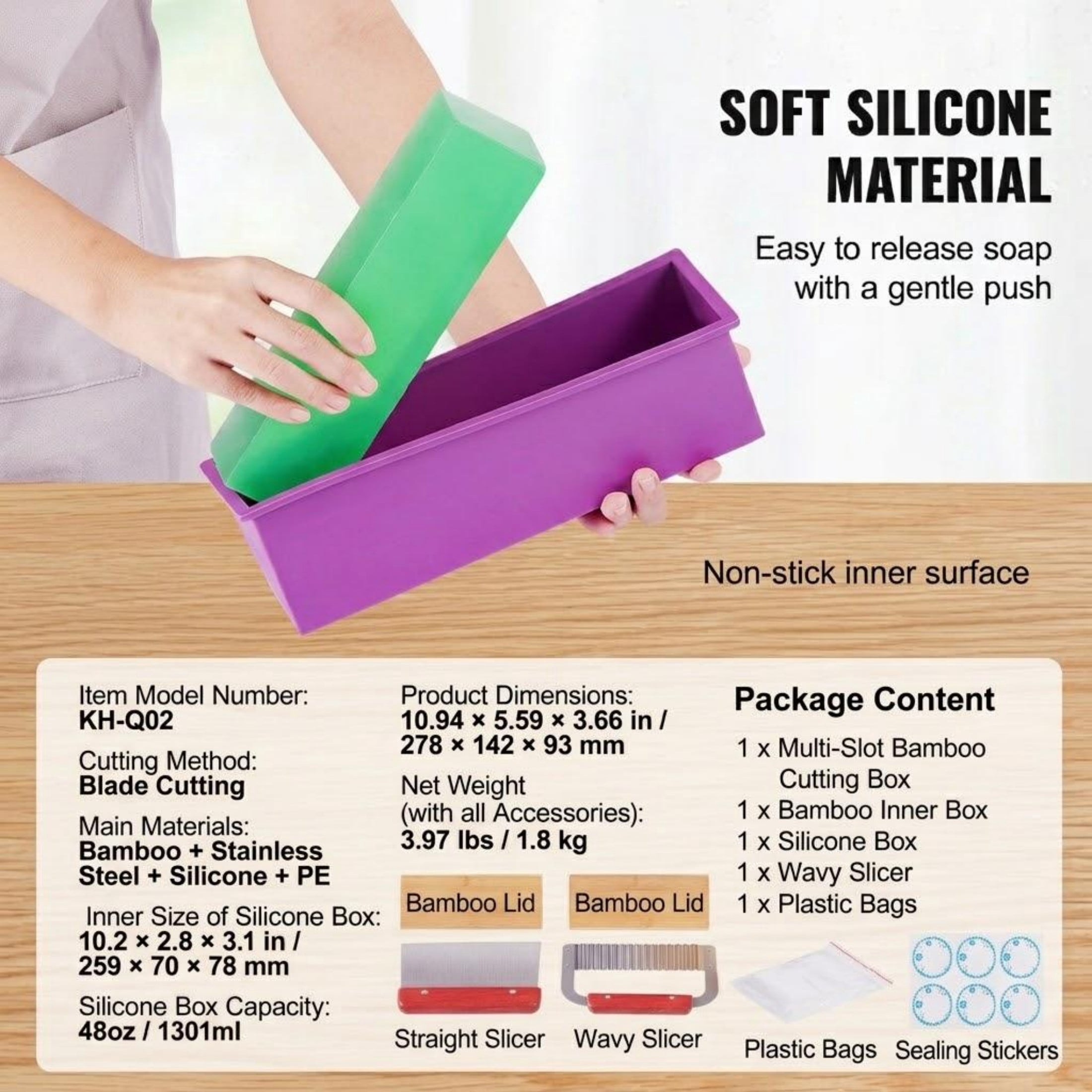 Soap Making Kit, Bamboo Cutting Box with Silicone Mold, Stainless Steel Straight & Wavy Cutters, 100 Bags & 105 Stickers, DIY Supplies for Adults