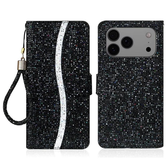 Leather For Apple iPhone 17 Pro Case 6.3",Glitter Sparkly Bling Flip Wallet Leather Case With Card Holder Shockproof Kickstand Protective Phone Cases Cover,Black,For iPhone 17 Pro