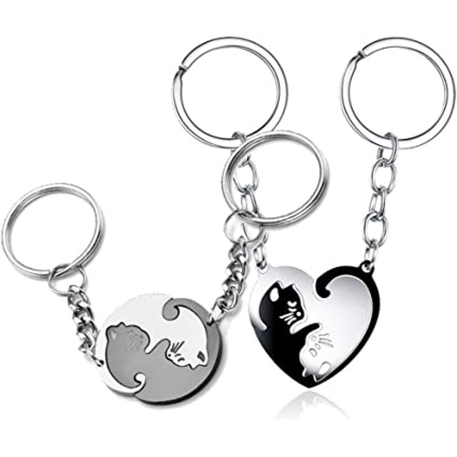 Llavero de pareja de gatos blanco y negro rompecabezas extraíble pareja de acero inoxidable Llavero de amistad de gato Yin Yang llavero de pareja de acero inoxidable Regalo de San Valentín 2 piezas JM