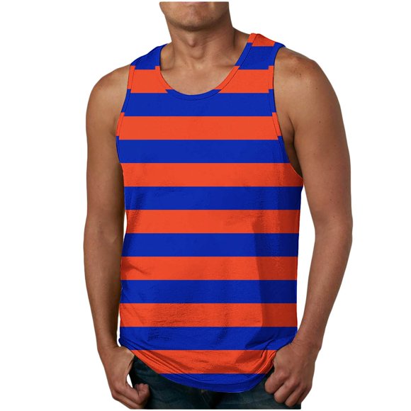 T-shirt for Men, Stripe Printed Casual Sports Elastic Round-Neck Top in Khaki, Cotton-Polyester Blend, Standard Thickness, Hand Wash Cold
