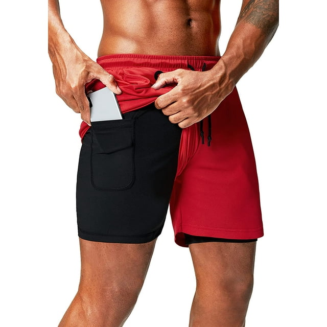 2 In 1 Running Shorts with Phone Pocket Gym Workout Quick Dry Mens Shorts 5 Inch-Red