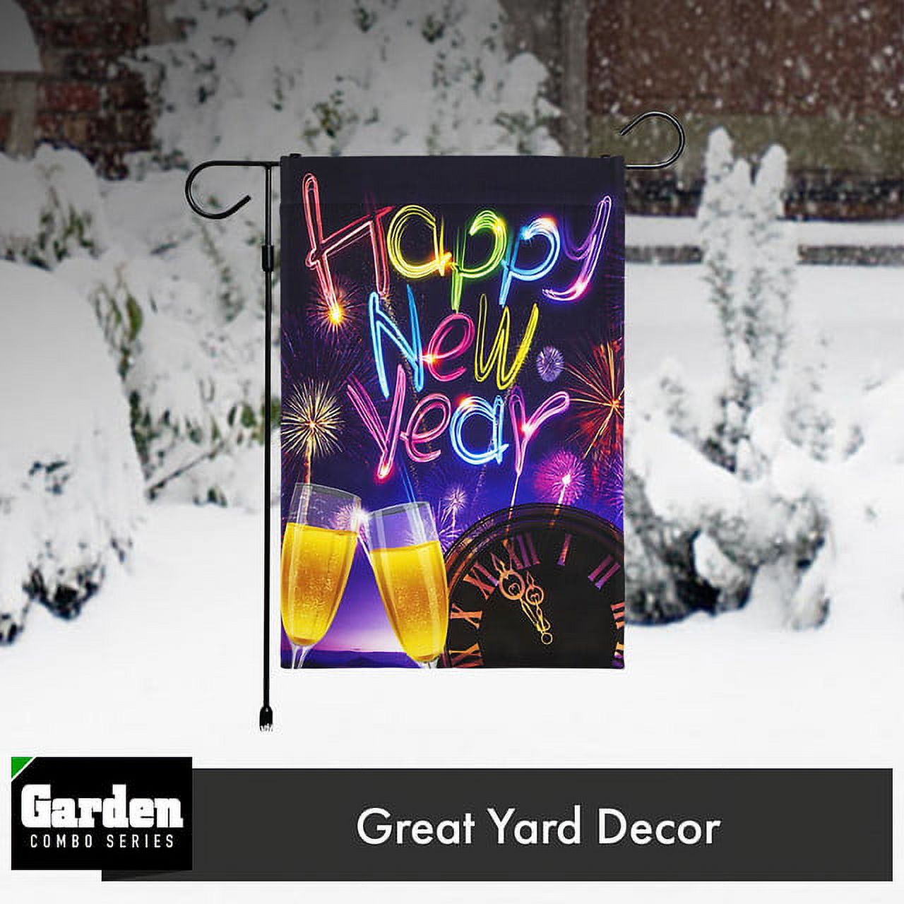 G128 Sets: 36"x16" Garden Stand Stake AND 12"x18" Garden Flag New Year Set Fireworks and Champagne