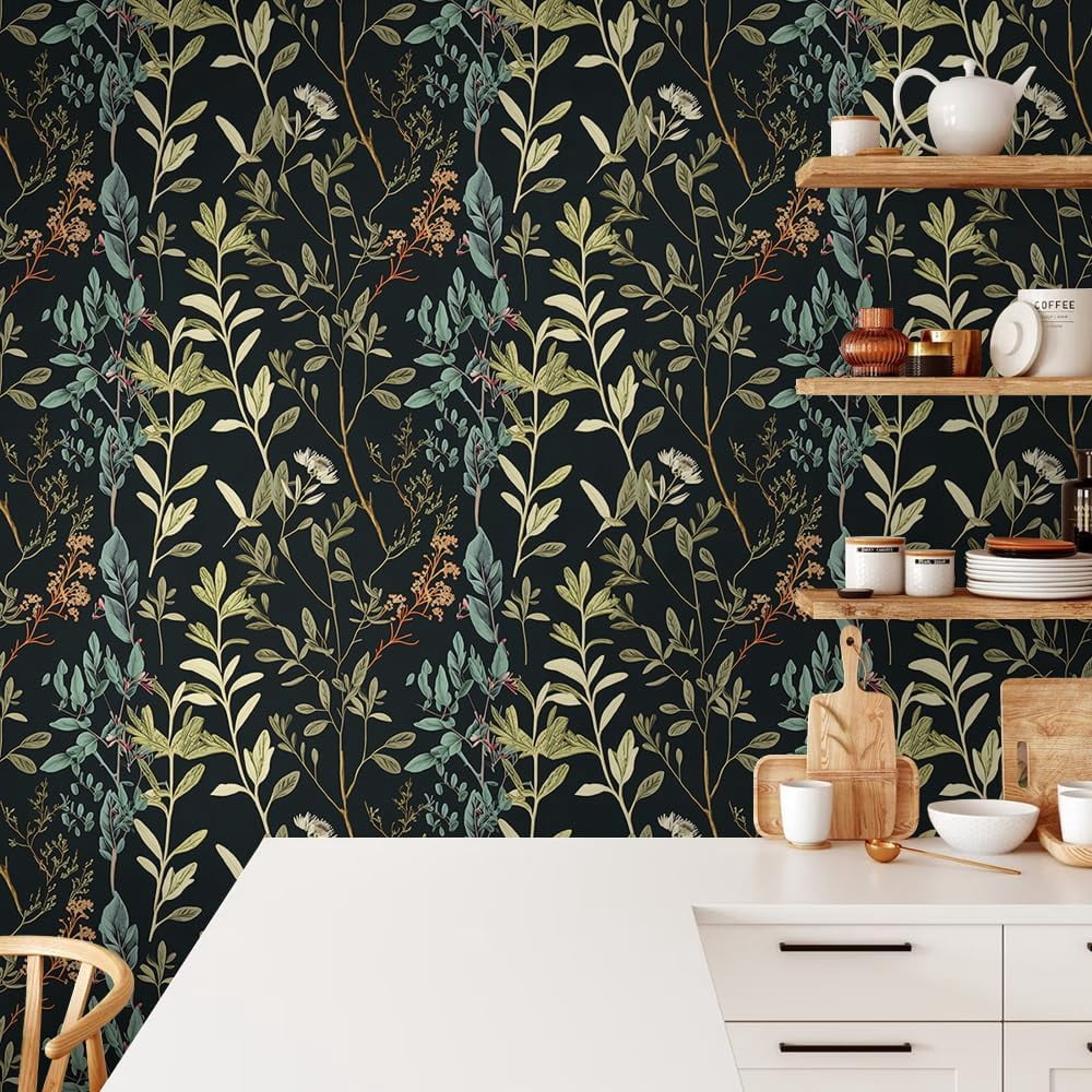 Blue/Brown/Yellow Wildflowers Grass in Black Leaf Flowers Peel and Stick Wallpaper Wall Decor Self Adhesive Wall Paper Stick on Easy Peel Off Contact for Renter Apartment