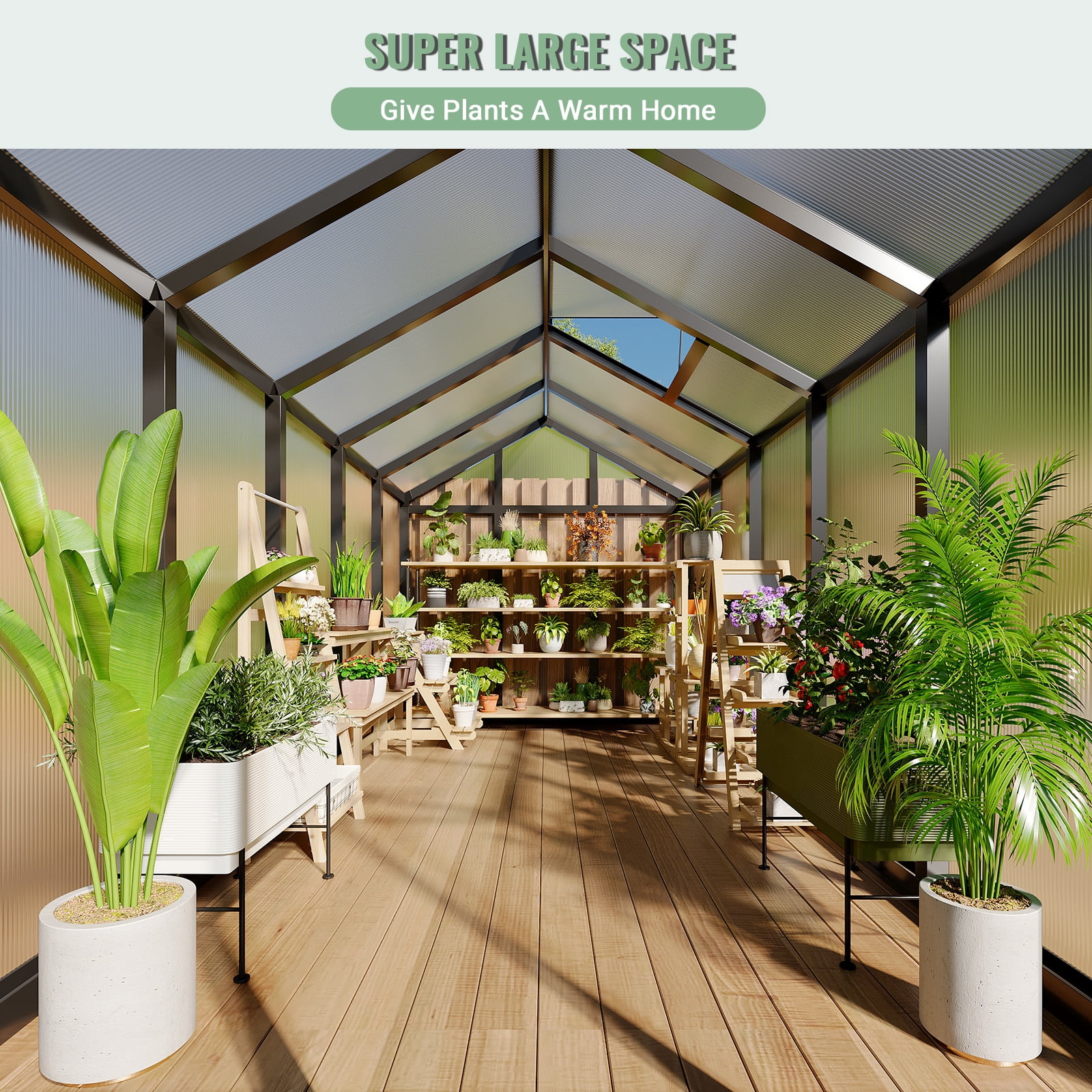 Polycarbonate Greenhouse with Sliding Door – Outdoor Walk-In Garden Greenhouse with Adjustable Roof Vent & Aluminum Frame for Backyard/Patio(6'x8'/6'x10'Available)