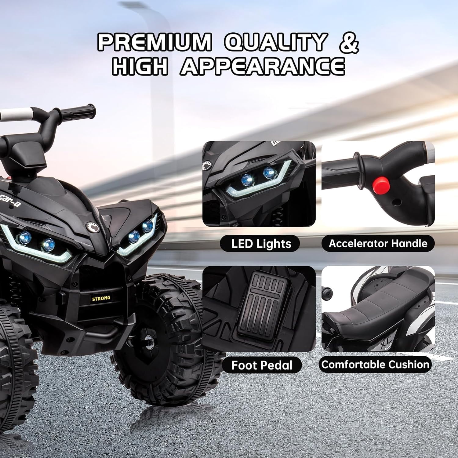 Luku 12V Kids Ride-On Electric ATV, 4 Wheel Dual Drive Toy Car with Music for Boys Girls Gift, Black