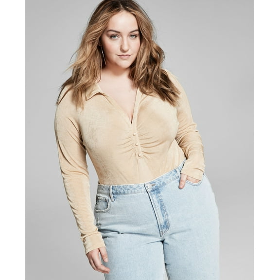 Now This Trendy Plus Size Polo Bodysuit Camel 2X