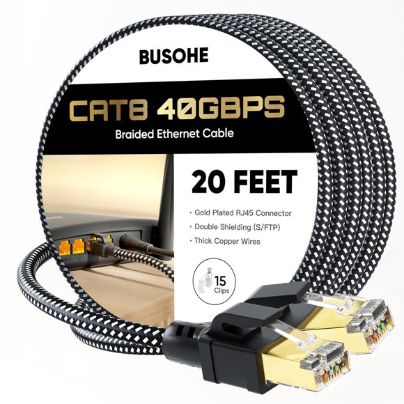 UTAH-Cat 8 Ethernet Cable 20FT, 40Gbps 2000Mhz High Speed Braided Network Internet Cable with Gold Plated RJ45 Connector, Heavy Duty Patch Cord LAN Cable 15 Clips,S/FTP Indoor for Router/Gaming/PC