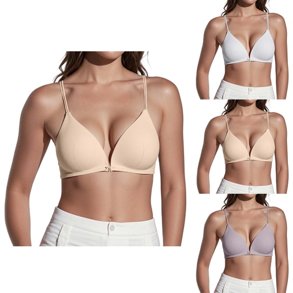 Thin Strap Front Closure Underwear For Women Seamless Triangle Cup Small Bust Gathering Wire Free French Bra Grey L
