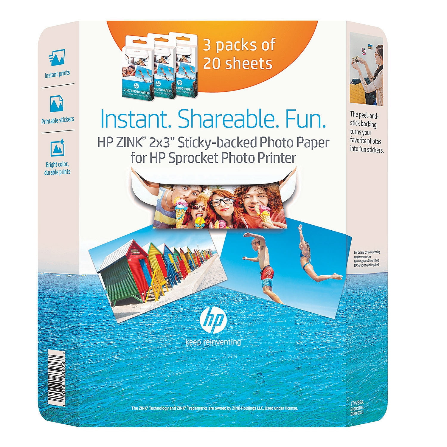 HP Zink Stickybacked Photo Paper 3 pk. (60 sheets) 2" x 3"