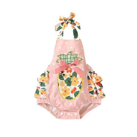

Baby Girl Sweet Jumpsuit Summer Sleeveless Tie-Up Halter Pineapple Flower Dot Print Ruffle Romper