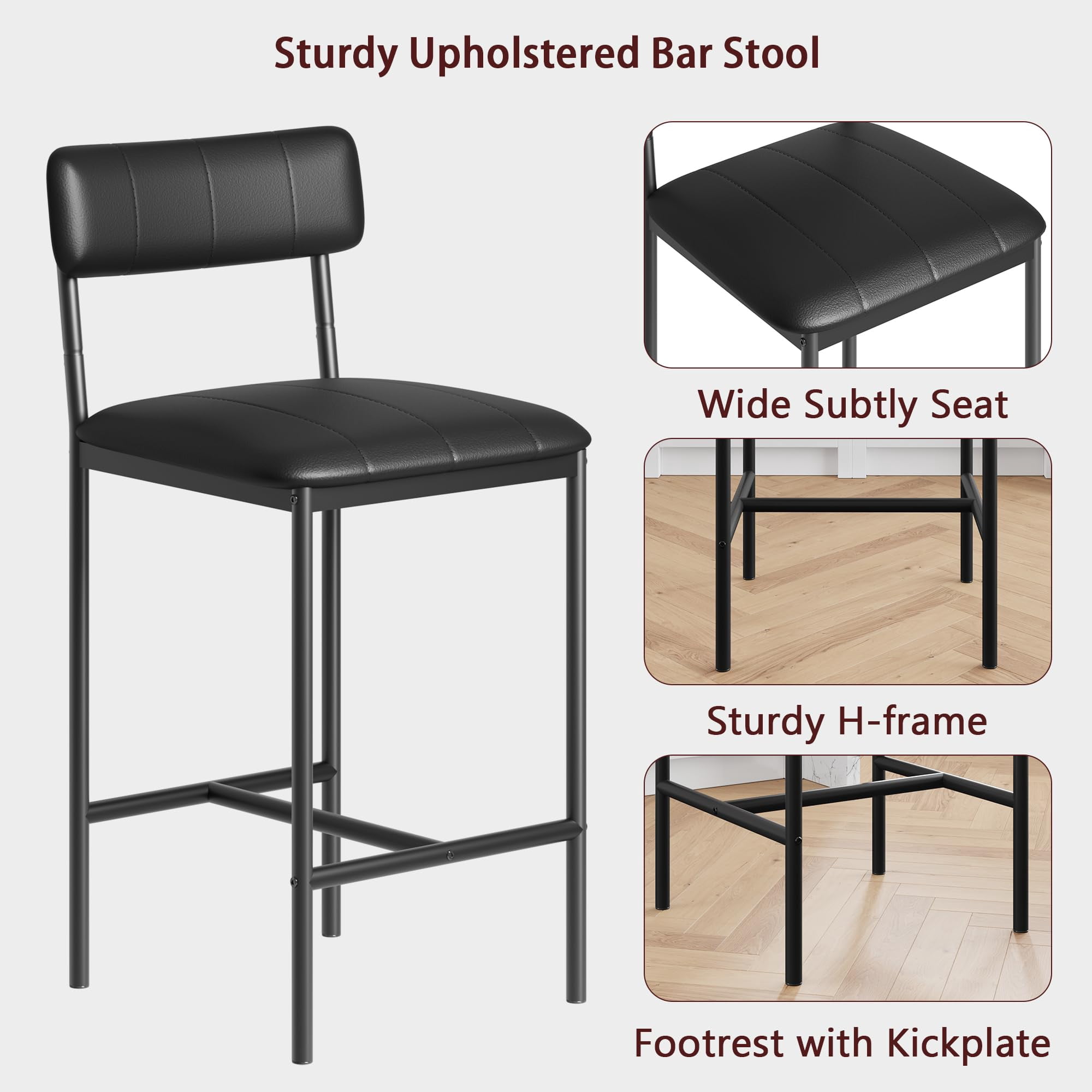 Maritcute Bar Stools Set of 2, Counter Height Bar Stools with Footrest, PU Leather Kitchen Barstools, Bar Chairs with Back for Kitchen Island, Apartment, Counter Bar, Easy Assembly, Classic Black
