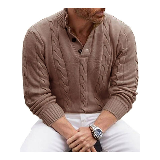 CVLIFE Men Jumper Tops Solid Color Sweater Long Sleeve Pullover Slim Fit Winter Warm Knitted Sweaters Street Khaki S