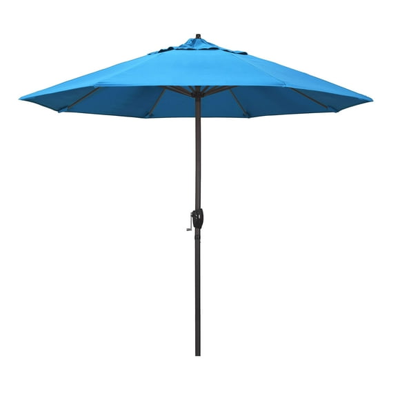 California Umbrella 9' Rd Sunbrella Aluminum Patio Umbrella, Crank Lift, Auto Tilt, Bronze Pole, Canvas Cyan Fabric