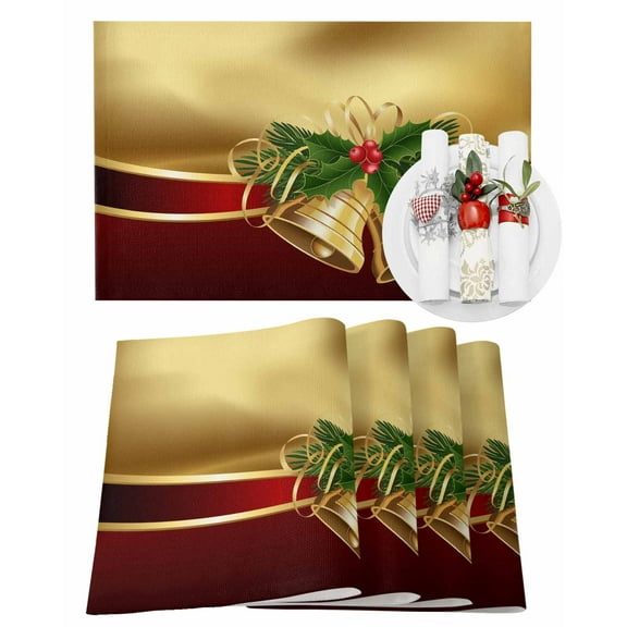 Christmas Placemats Set of 6, Xmas Bells Berry Holly Place Mats Golden Red Ribbon Placemat Table Decoration for Kitchen Table Dinner Xmas Holiday Party Home Decor Indoor Outdoor 13x19 Inch