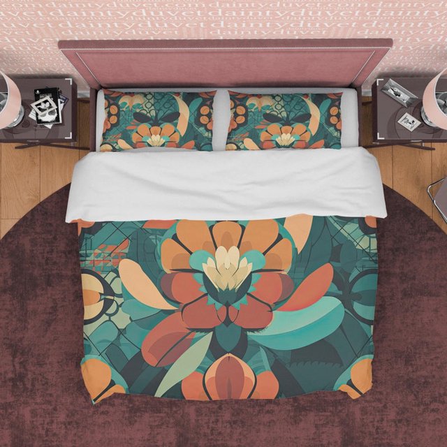 Juego de cama Floral Retro, Funda Nórdica Reina Verde Vintage, Colcha Nostalgia Años 70