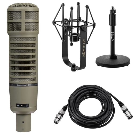 Electro-Voice RE20 Variable-D Dynamic Cardioid Microphone,   Telescoping Tabletop Microphone Stand   H&A Microphone Suspension Shockmount   25' XLR Cable