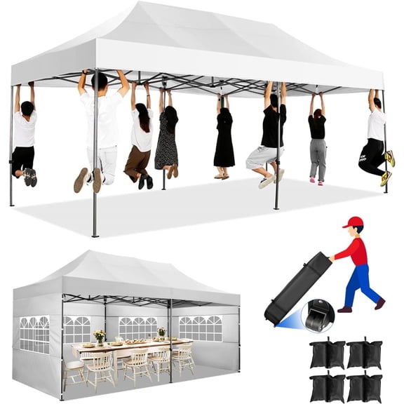 SANOPY  10x20 Pop up Canopy with 6 sidewalls Commercial Heavy Duty Canopy UPF 50  All Weather Waterproof Outdoor Wedding Party Tents Gazebo with Roller Bag, White