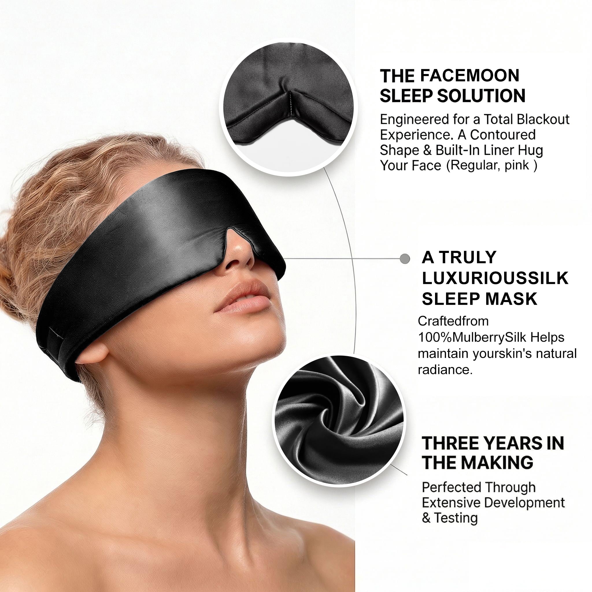 FACEMOON 100% Mulberry Silk Sleep Mask, Light-Blocking Eyepatch, Soft, Padded