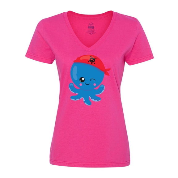Inktastic Pirate Octopus, Blue Octopus With Red Pirate Hat Women's V-Neck T-Shirt