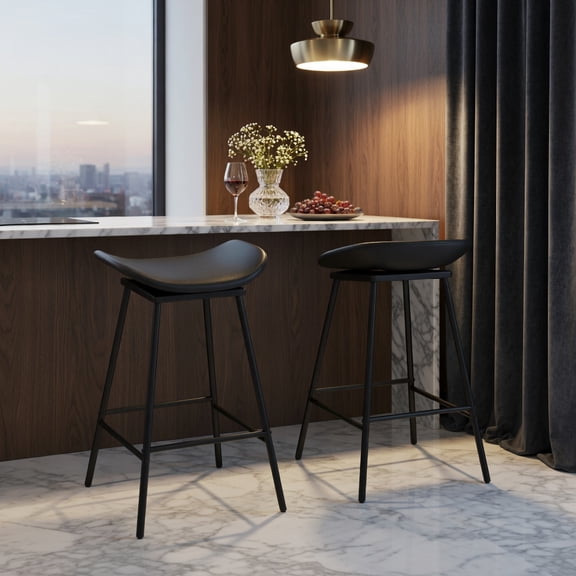 Kadyn Swivel Barstools Set with Faux Leather Upholstered Seat, Backless Stools with Footrest for Kitchen Island, Bar Area with 360 Swivel, Black