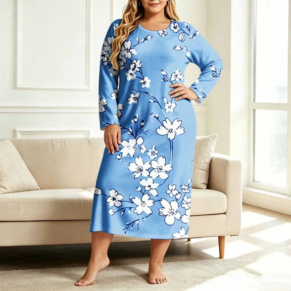 Sheghy Nightgowns for Women Curvy Tropical Printed Long Sleeved Oversized Midi Sleep Dress Multicolor M