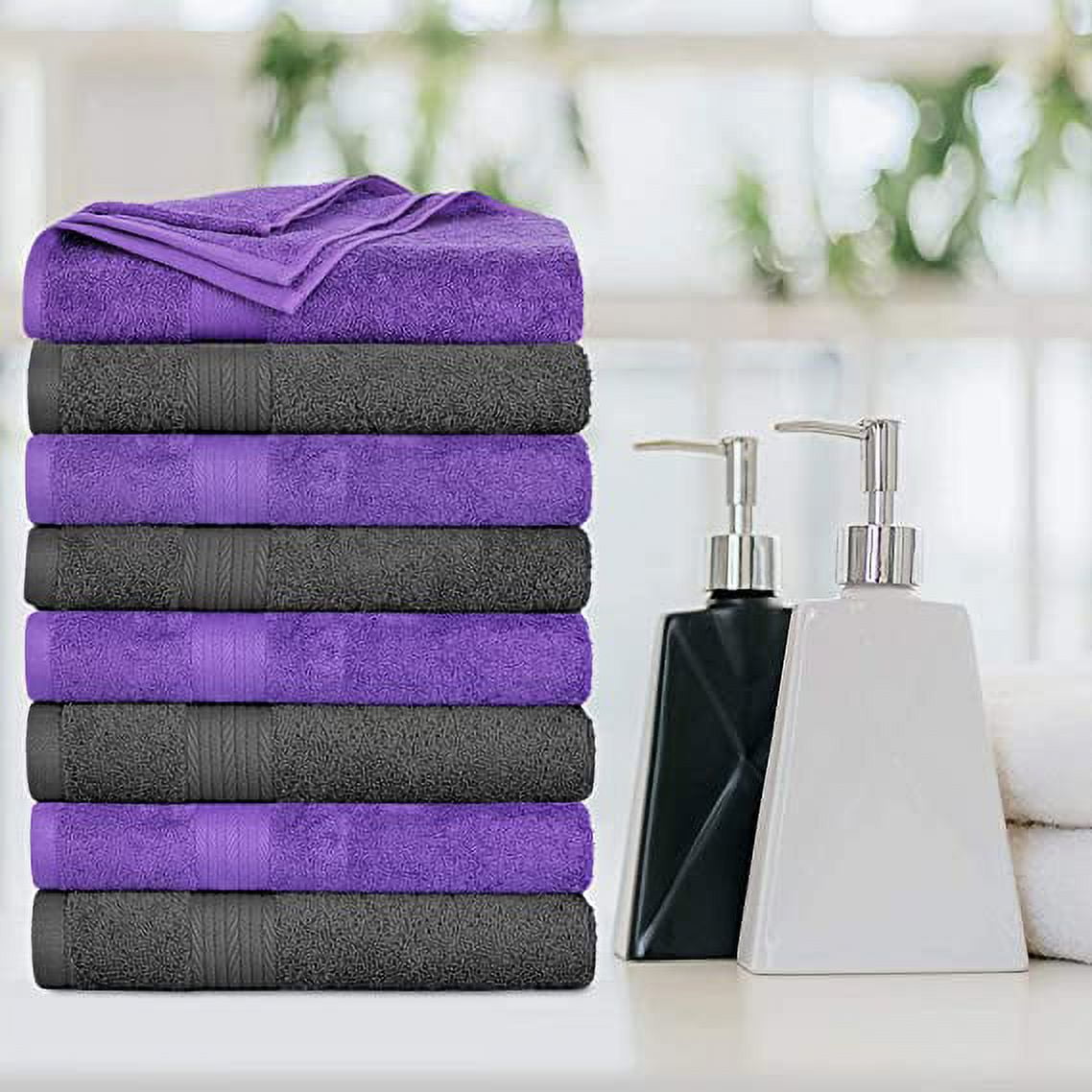Ample Decor Bath Towel 30 x 54 inch Pack of 8 600 GSM 100% Cotton, Quick Drying, Machine Washable for Hotel, Gym, Kitchen -Grey - Purple