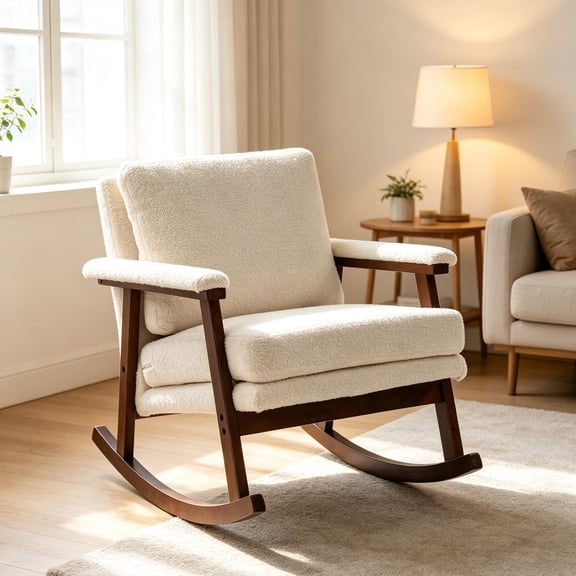 Lyuhome Upholstered Rocking Chair with Wood Frame, Mid Century Modern Accent Chair for Living Room, Bedroom, White