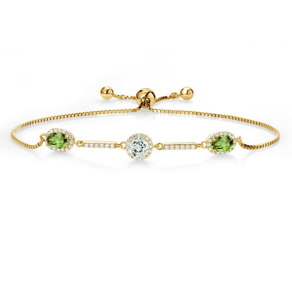 Gem Stone King Keren Hanan 18K Yellow Gold Plated Silver 3 Stone Created Moissanite Adjustable Bracelet for Women with Oval and Round Green Peridot Sky Blue Aquamarine (1.83 Cttw)