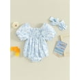 thumbnail image 3 of Baby Girls Rompers Floral Print Ruched Puff Sleeve Toddler Bodysuits Summer Clothes Infant Jumpsuits with Headband, 3 of 10